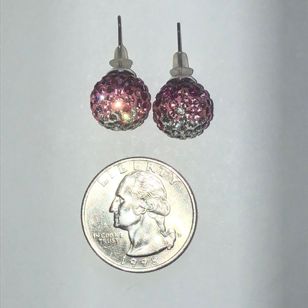 Pink Ombré and Silver Tone CZ  Rhinestone Ball Stud Boho Earrings - Picture 3 of 6